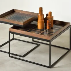 Tables Basses & D'Appoint^Ethnicraft Set De 2 Tables A Plateau Square En Metal Et Bois - L 39 / 52 Cm